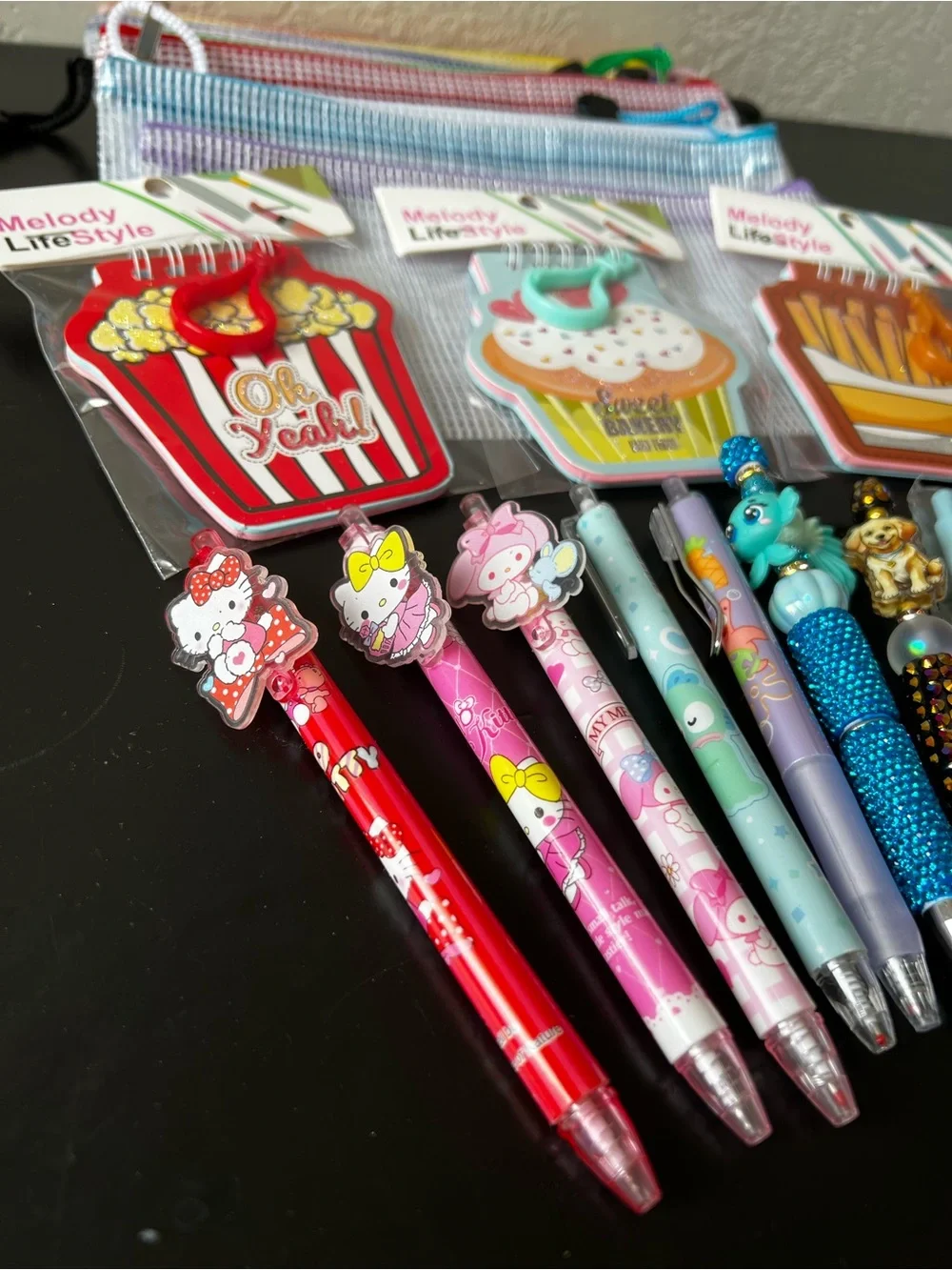 Cute Stationery Set: Custom Beaded Pens, Mini Notebooks & Mesh Pouches